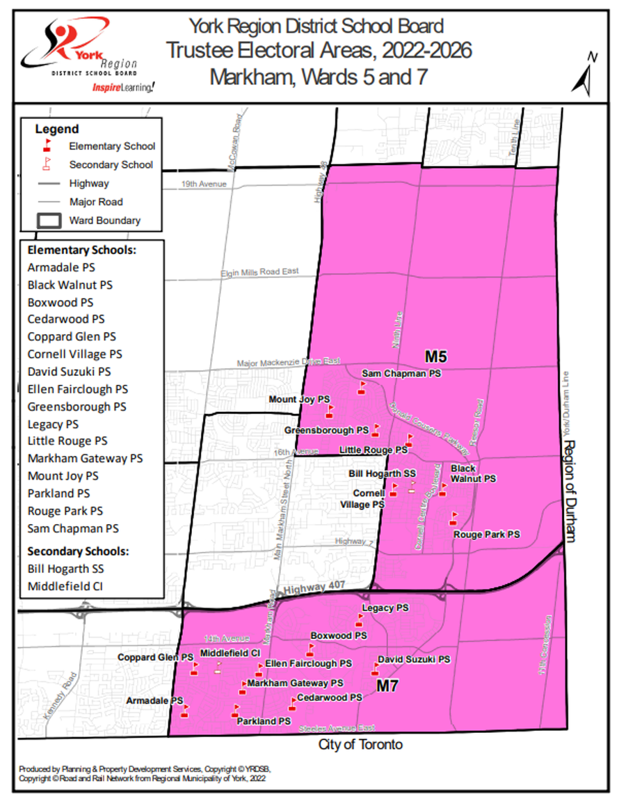 Carte des secteurs électoraux des conseillers scolaires du YRDSB pour les quartiers 5 et 7 de Markham, avec les limites et l’emplacement des écoles.